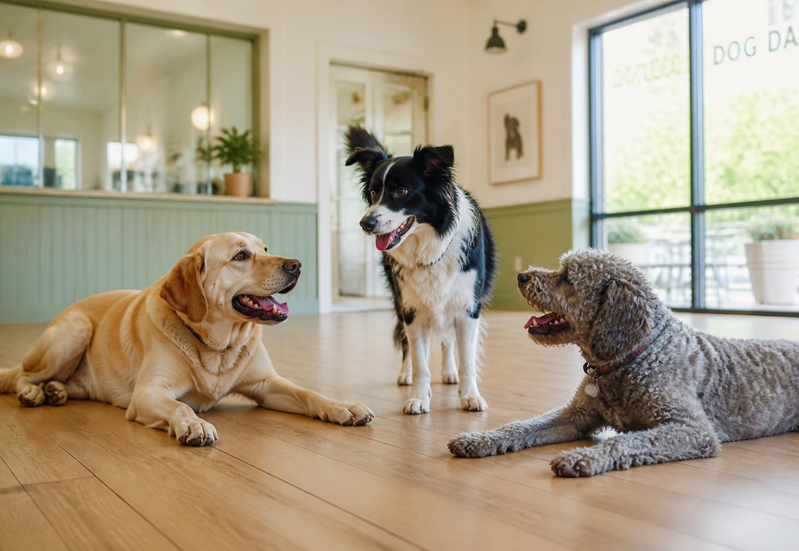Three relaxed dogs socialising together in a bright dog daycare room